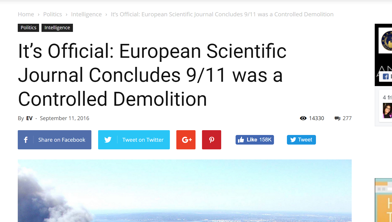 The AnonHQ article titled, “It’s Official: European Scientific Journal Concludes 9/11 was a Controlled Demolition.” The article has over 14,000 views and was published on September 11, 2016.