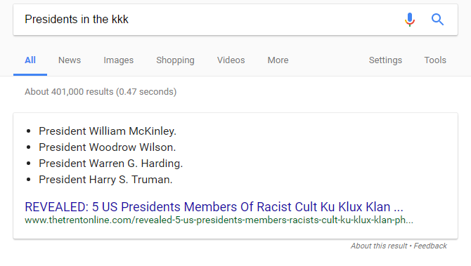 Google search result for “Presidents in the kkk” in which a knowledge panel pulls the names of several presidents from The Trent Online.