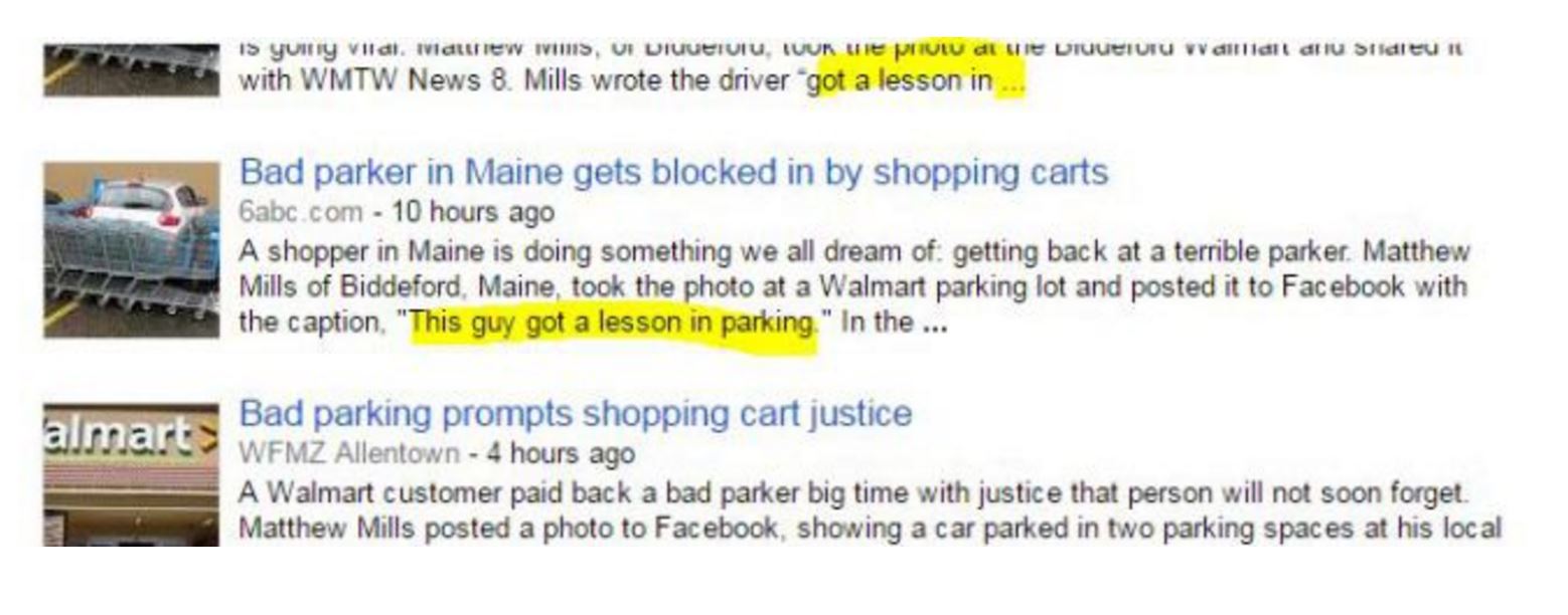 Google search results for “Matthew Mills” with one result featuring the caption, “this guy got a lesson in parking.”