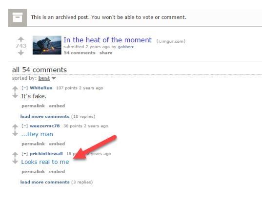 A Reddit post titled, “In the heat of the moment” with comments debating over the photo of the photographer with flaming shoes and a tripod.
