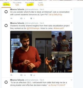 Twitter user @MinervaSchool’s tweetstream from February showing two tweets, the number of followers the account has, and the number of tweets the account has made.
