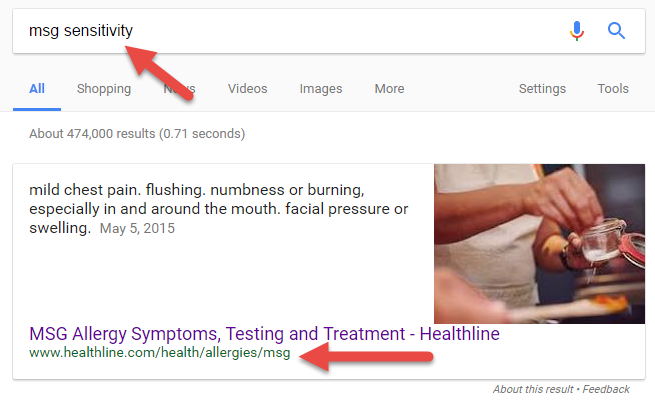 Google search result for “msg sensitvity” in which a knowledge panel pulls a list of symptoms from Healthline.