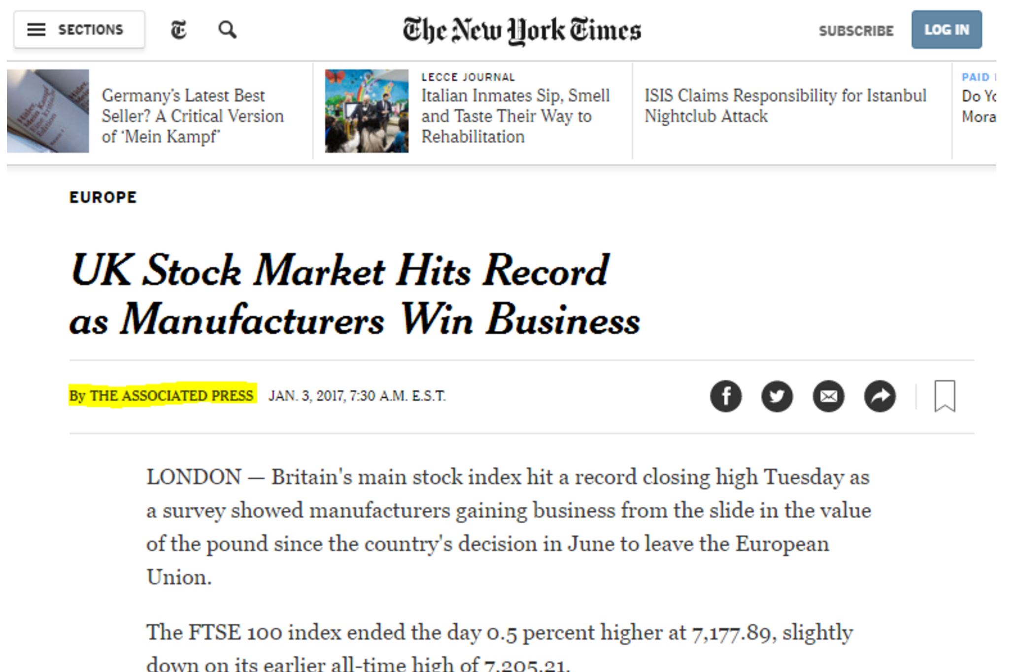 New York Times article with headline “UK Stock Market Hits Record as Manufacturers Win Business.” Where a reporter’s name might usually appear under the headline reads in small print, “by the Associated Press.”