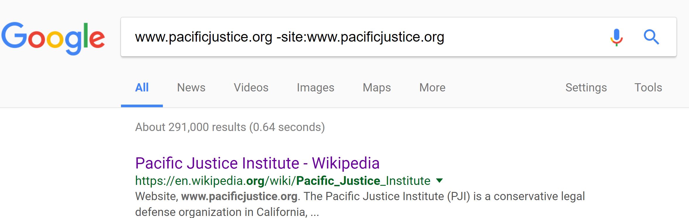 Google search results for “www.pacificjustice.org -site:www.pacificjustice.org.” The search omits the site www.pacificjustice.org and brings up a Wikipedia article as the first result.