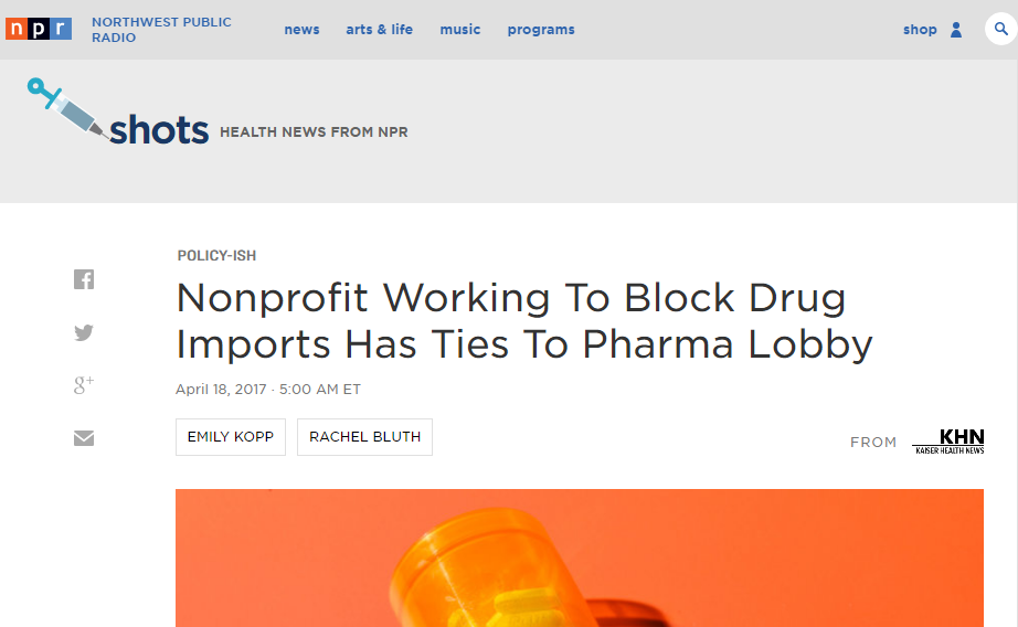 An article about The Partnership for Safe Medicines on the Northwest Public Radio site titled, “Nonprofit Working to Block Drug Imports Has Ties to Pharma Lobby.”