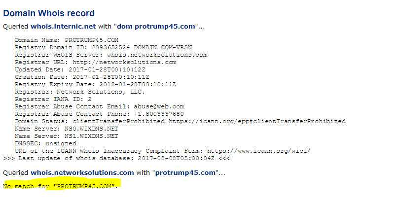 Domain Dossier search results for “protrump45.com,” showing that the site’s owner is masked.