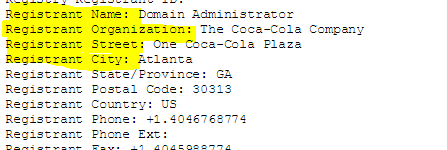 Domain Dossier results for the search on “coca-cola.com” in which the registrant’s name, organization, street, and city are all available for public access.