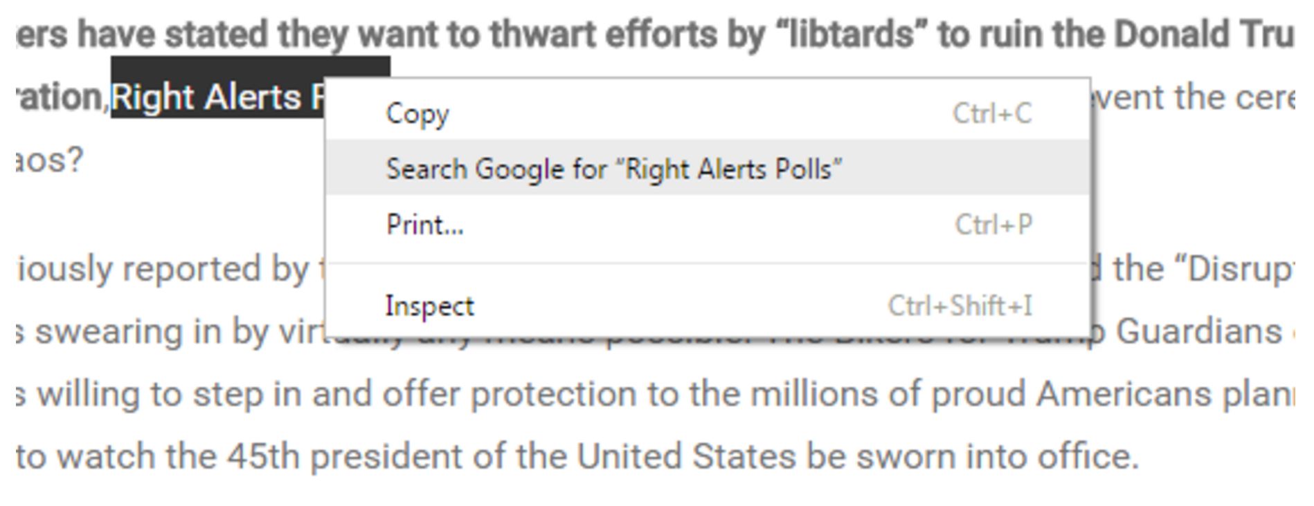 Screenshot of the result of selecting and right-clicking. The term “Rights Alerts Polls” is highlighted and a context menu shows. The context menu offers an option to “Search Google for ‘Rights Alerts Polls'”. Note that you could do this without using the context menu; just copy and paste the phrase into to a Google search box.