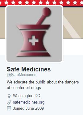 Twitter page for user @SafeMedicine, which features its website name, safemedicine.org.