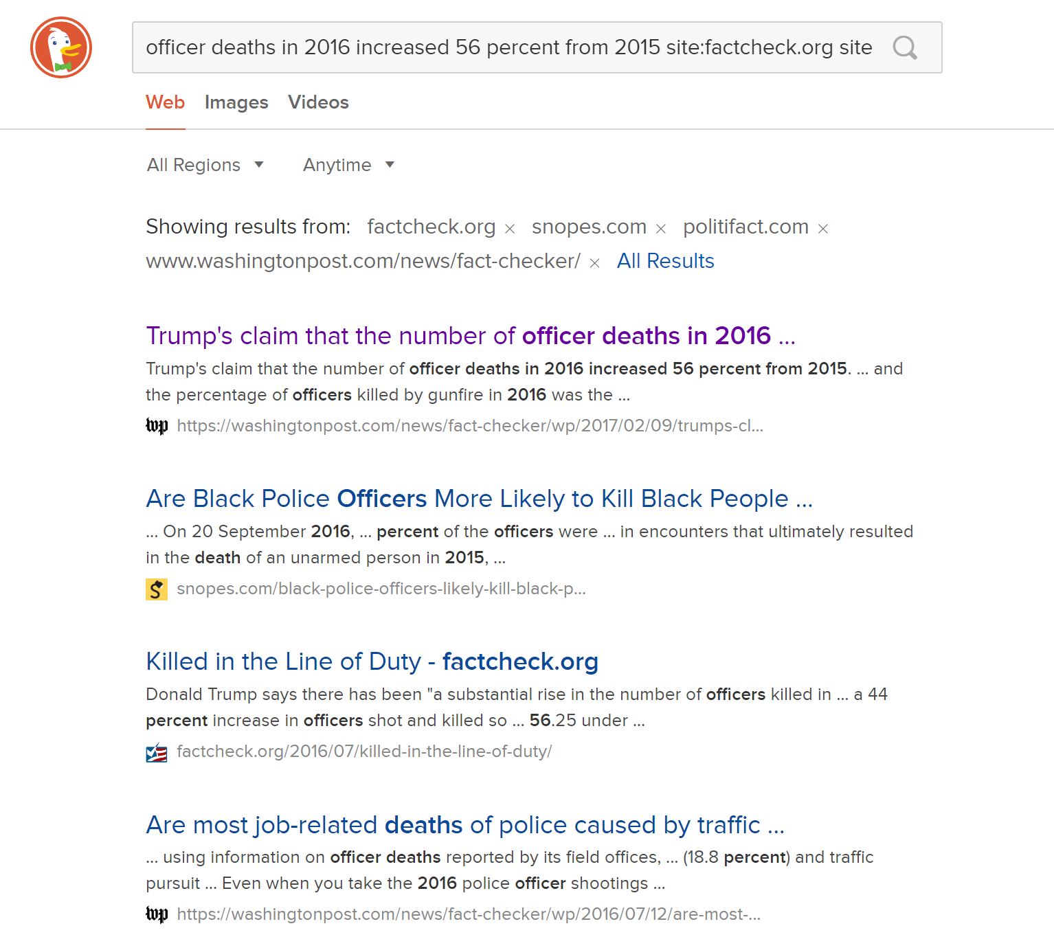 DuckDuckGo search results. The top search result is an article from the Washington Post fact-checker and we can see the highlighted text that matches our query.